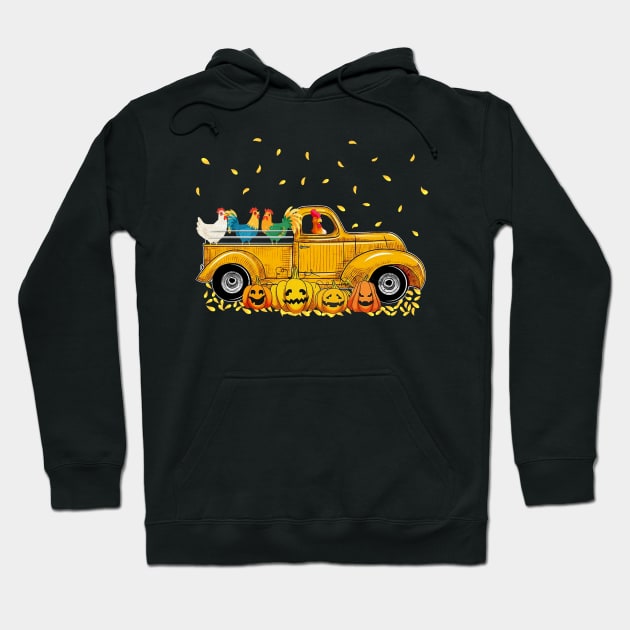 Yellow Car Truck Chickens And Pumpkins Halloween Hoodie by Margaretsantana